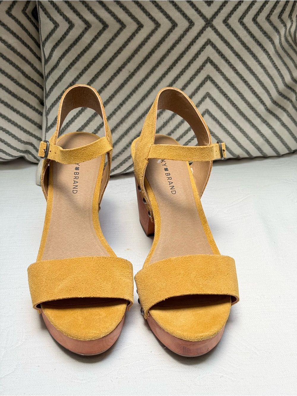 Lucky Brand Mustard Yellow Suede Open-Toe Block Heel Sandals
